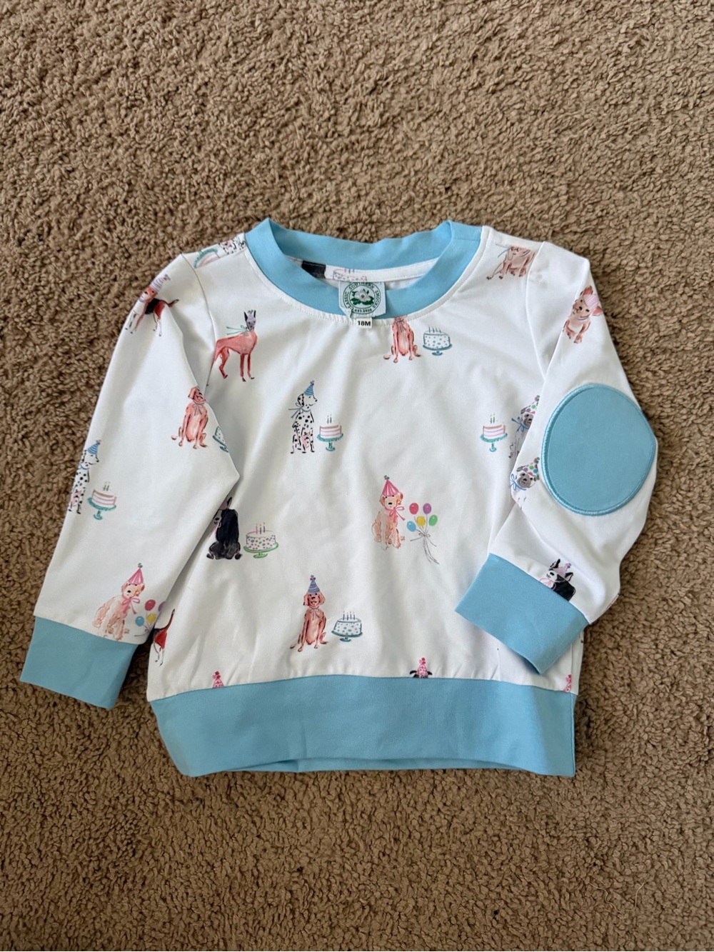 Girls' White Pullover Sweatshirt with Light Blue Trim and Party Dog Print